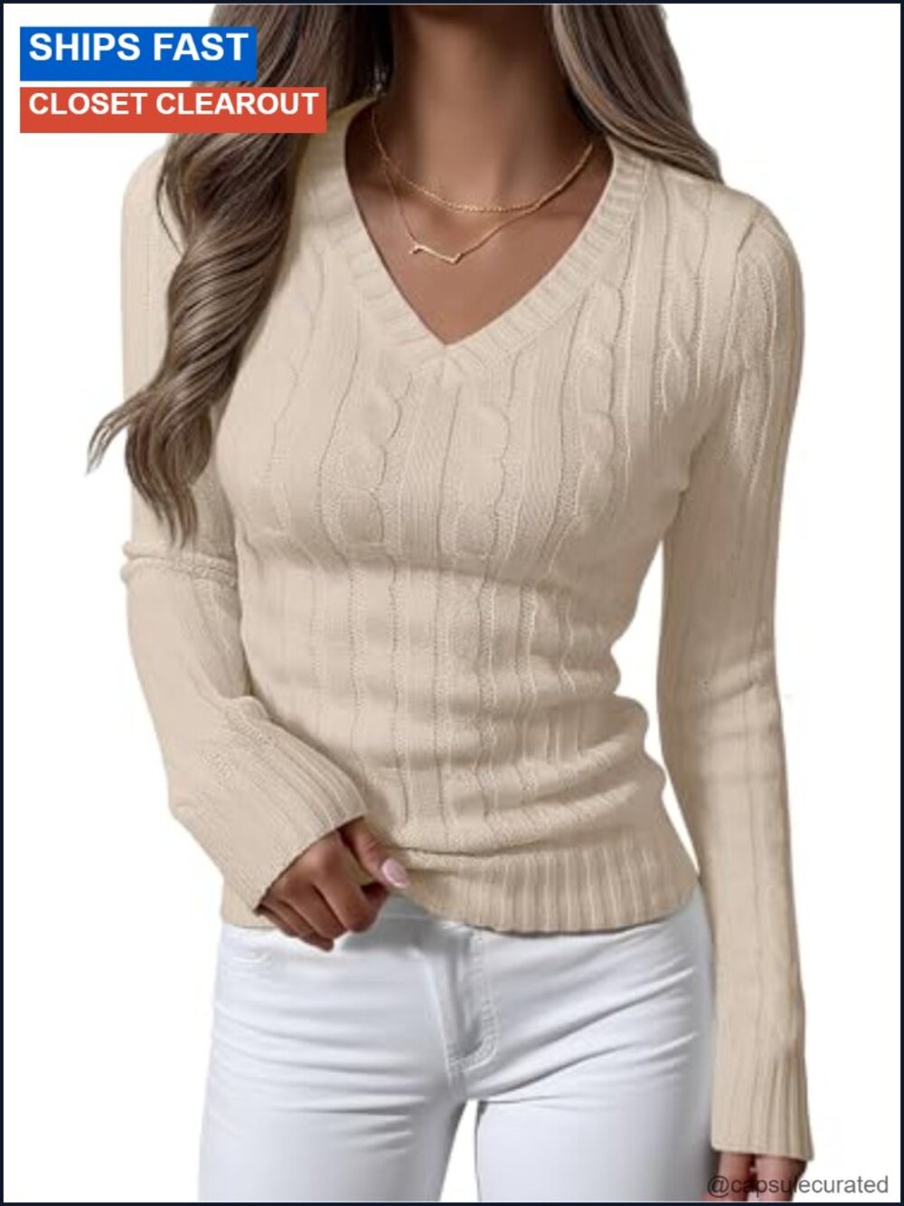 Cable Knit V Neck Long Sleeve Fitted Pullover Sweater Top